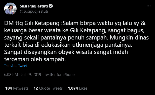 Cuitan Twitter Susi Pudjiastuti Terkait Gili Ketapang